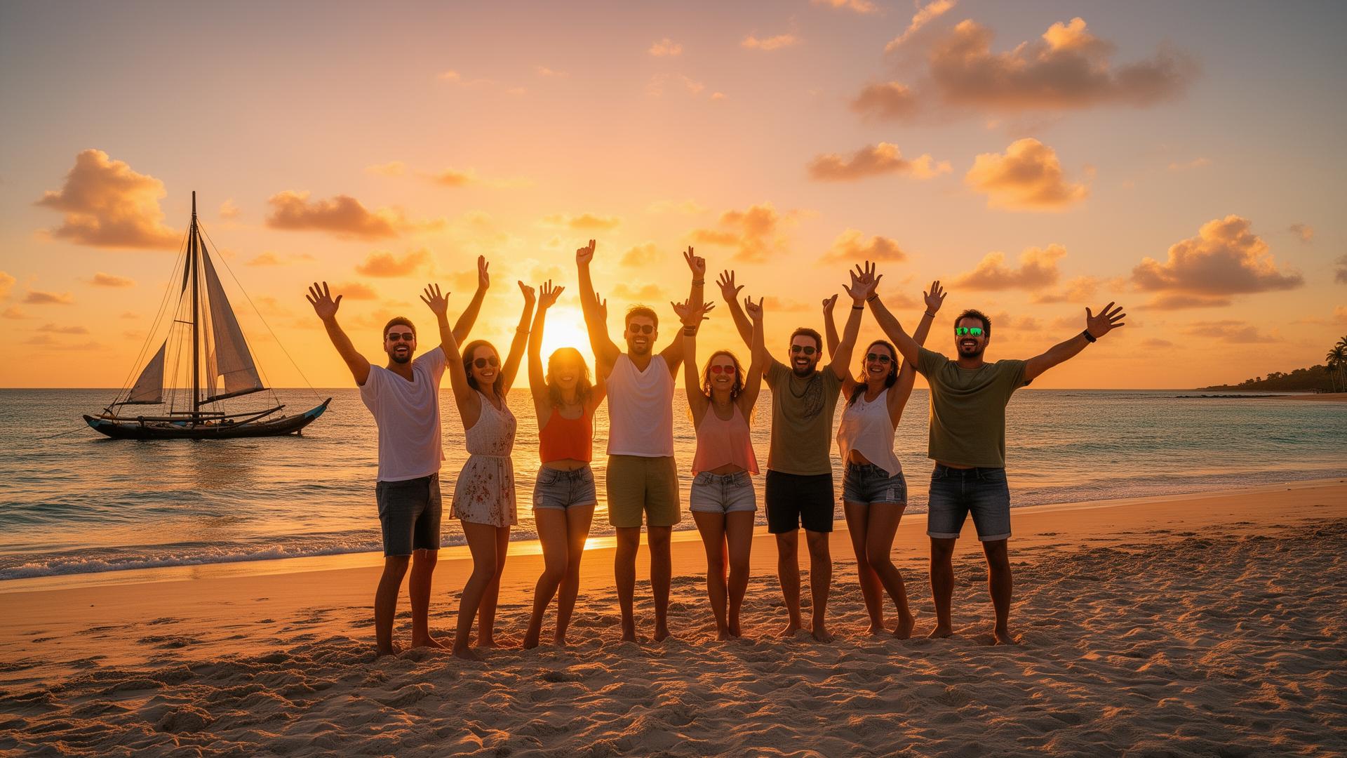 Grupo celebrando o réveillon na praia