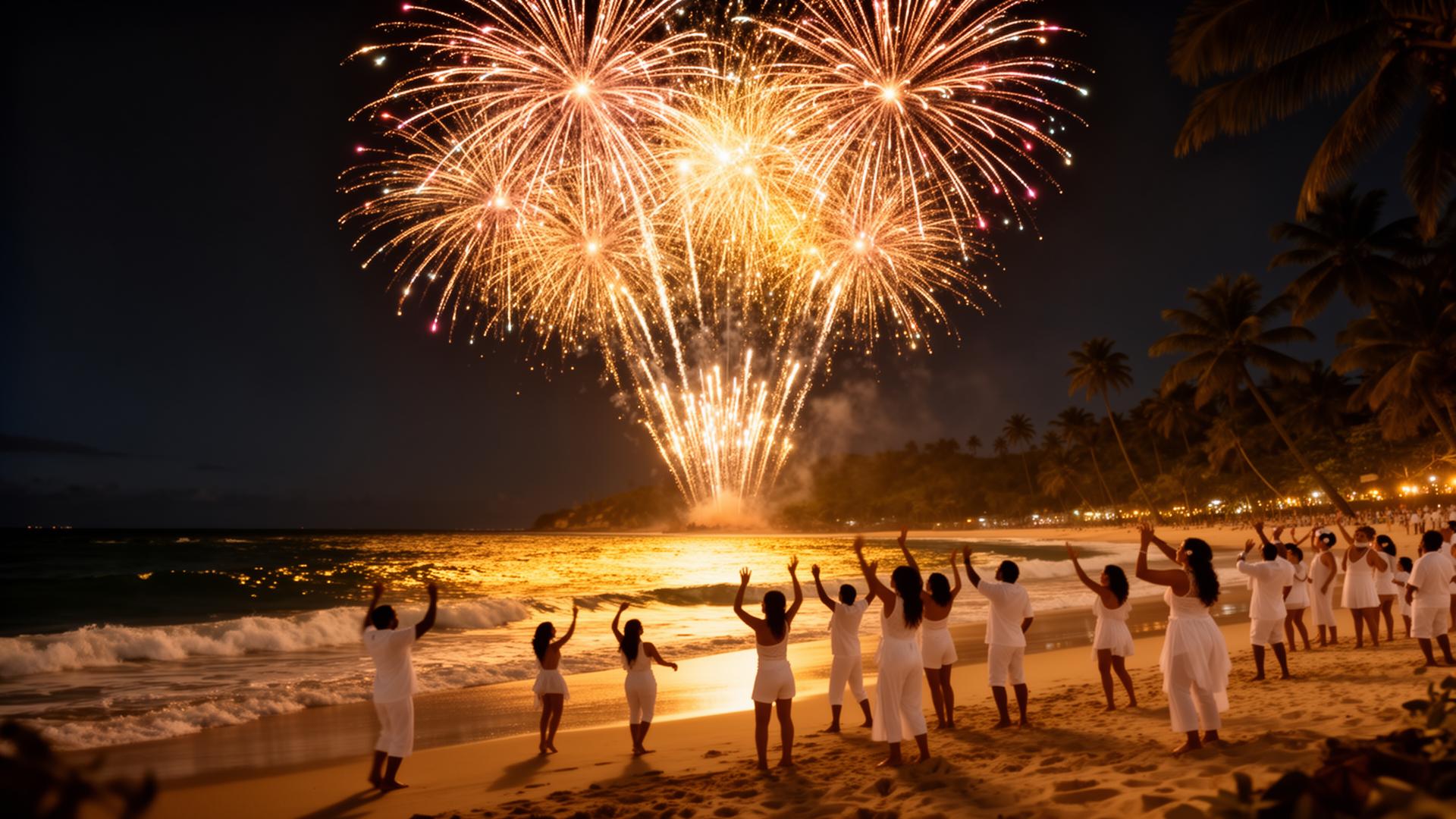 Reveillon no Nordeste com fogos sobre o mar